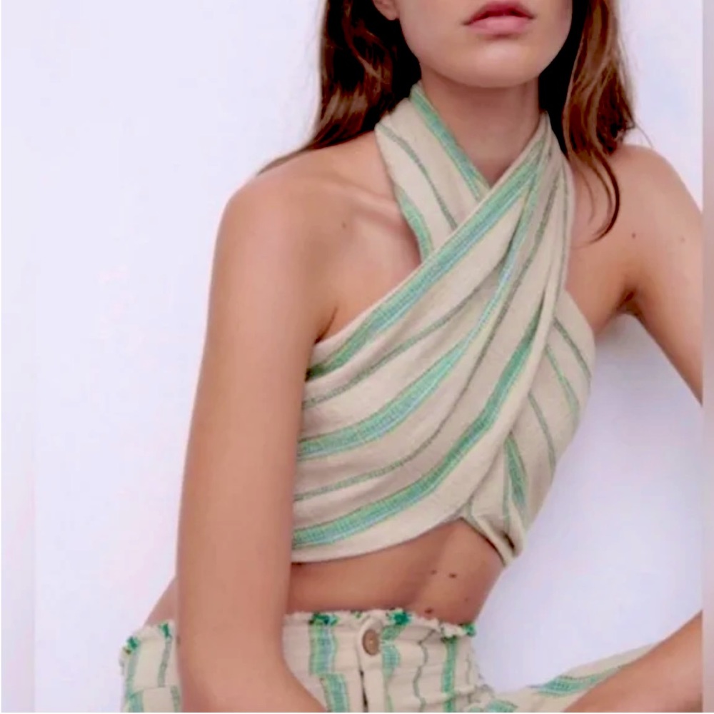 New Zara The Beth Rustic Halter Neck Striped Woven Cotton Crop Top NWT Size XS